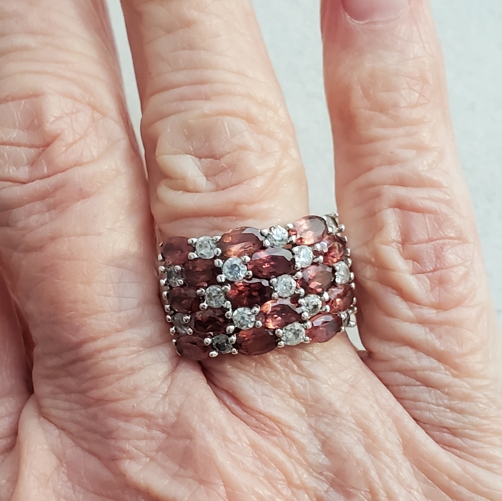 Rhodolite Garnet White Topaz Sterling Silver Ring Size 7 - Picture 11 of 16